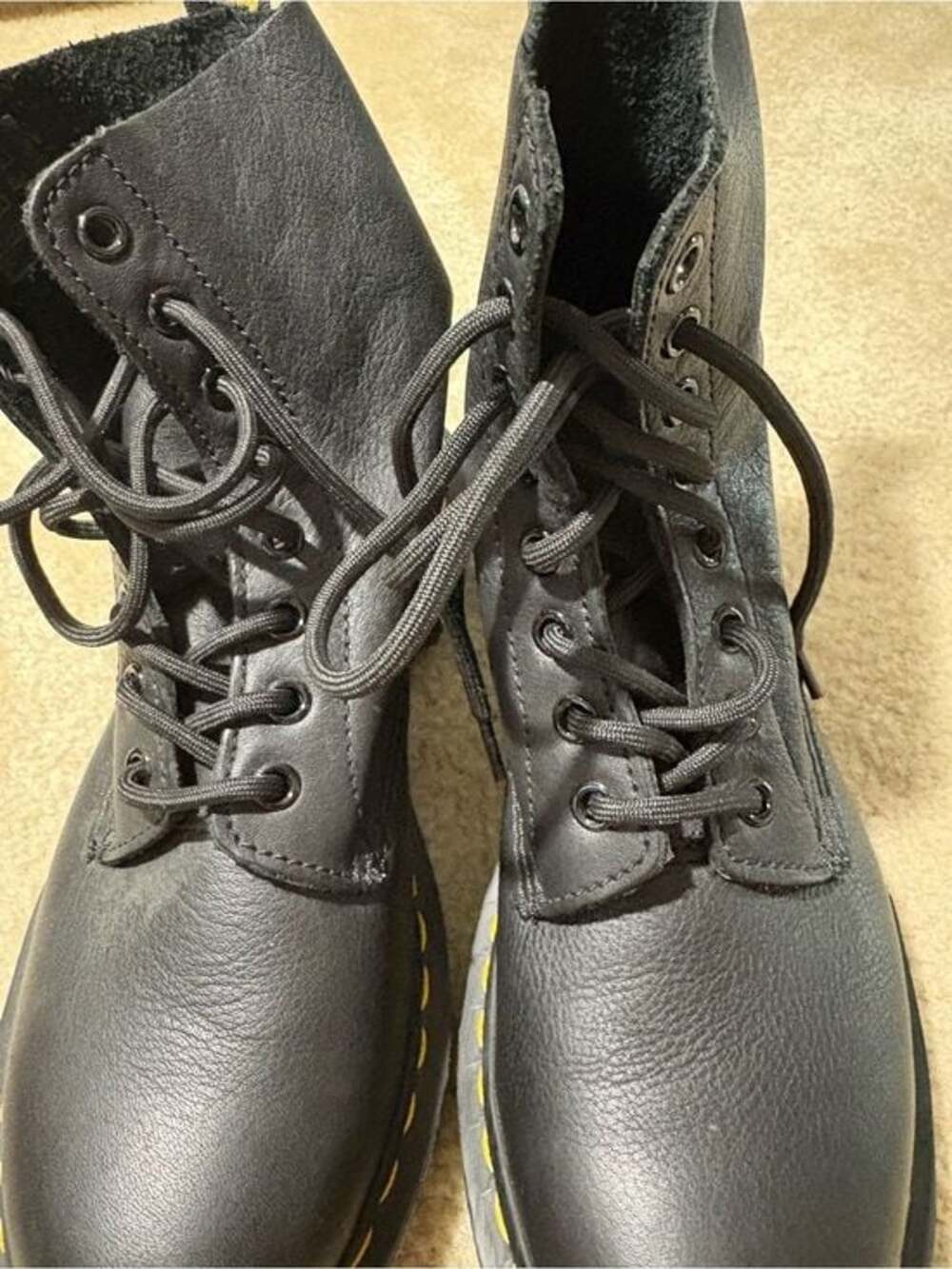 Dr. Martens Black Leather Lace-Up Boots with Yellow Stitching - Picture 2 of 9